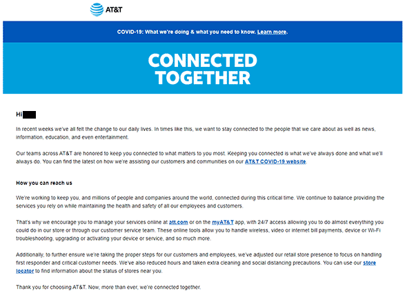 COVID-19 content marketing example - AT&T