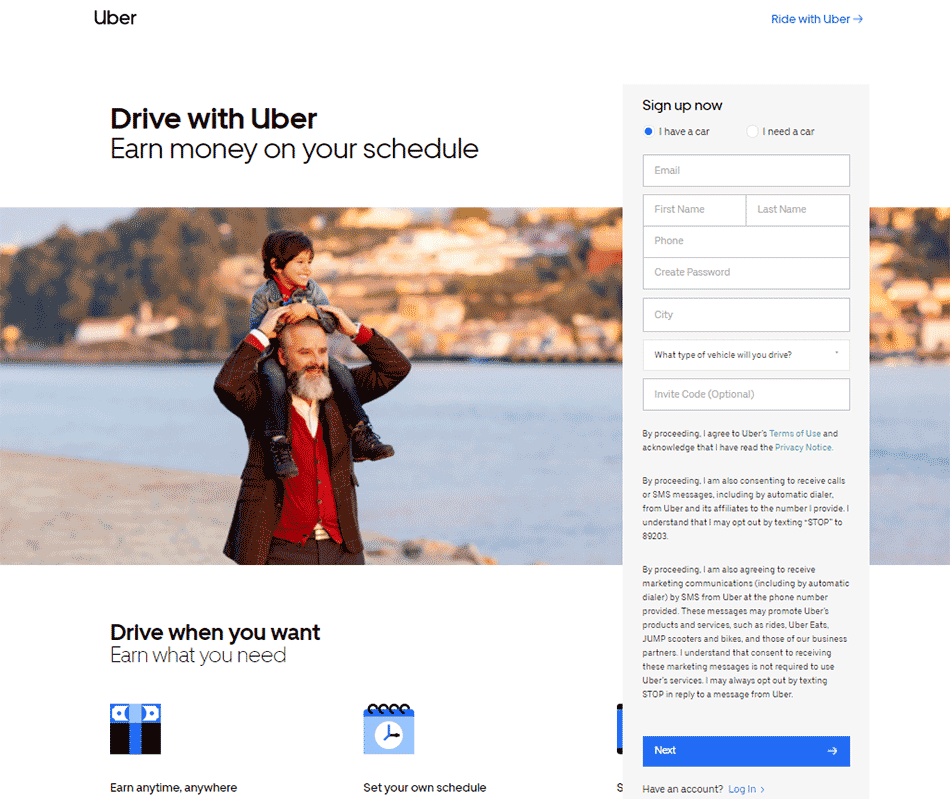 high-converting landing page examples - Uber