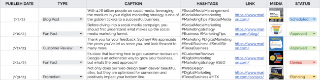 social media content calendar example